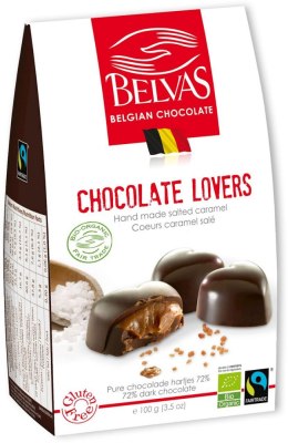 BELGIJSKIE CZEKOLADKI SERCA Z KARMELEM I SOLĄ MORSKĄ BEZGLUTENOWE FAIR TRADE BIO 100 g - BELVAS
