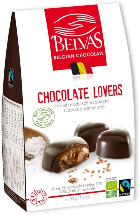 BELGIJSKIE CZEKOLADKI SERCA Z KARMELEM I SOLĄ MORSKĄ BEZGLUTENOWE FAIR TRADE BIO 100 g - BELVAS