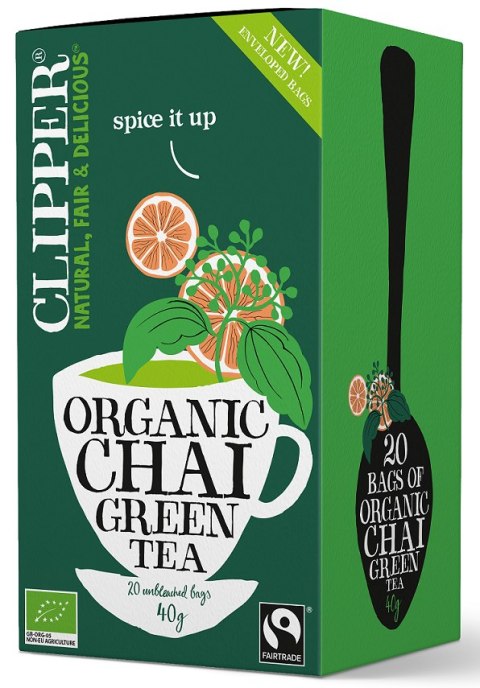 HERBATA ZIELONA CHAI Z CYNAMONEM I KARDAMONEM FAIR TRADE BIO 40 g (20 x 2 g) - CLIPPER