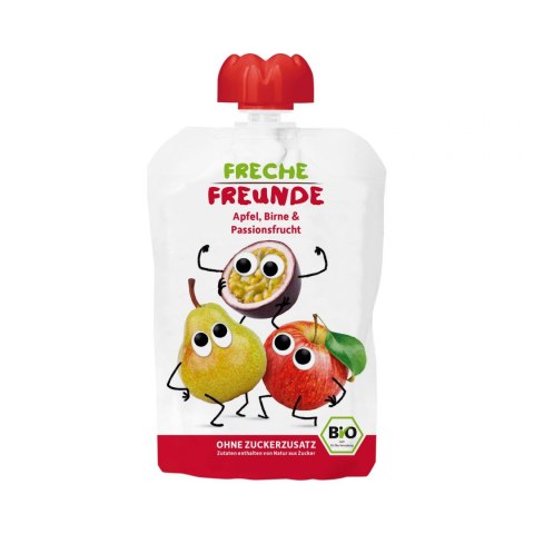 MUS JABŁKO - GRUSZKA - MARAKUJA BEZ DODATKU CUKRÓW BEZGLUTENOWY PO 6 MIESIĄCU BIO 100 g - FRECHE FREUNDE