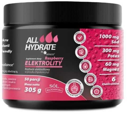 ALLHydrate, Elektrolity Raspberry 305g, 50 porcji - Aliness