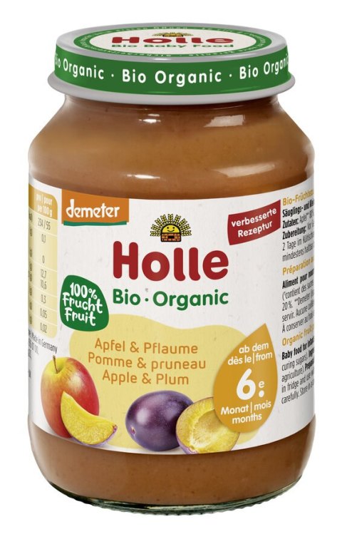 JABŁKO - ŚLIWKA BEZ DODATKU CUKRÓW BEZGLUTENOWE OD 6 MIESIĄCA DEMETER BIO 190 g (SŁOIK) - HOLLE