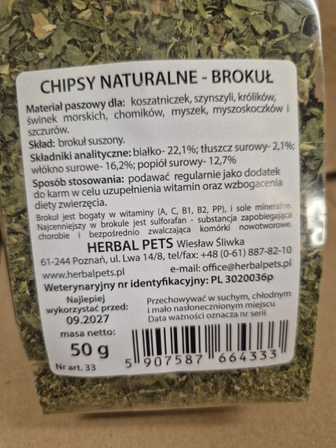 Herbal Pets Naturalne Chipsy Brokułowe dla Królika - Warzywna Przekąska