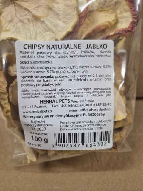 Herbal Pets Naturalne Chipsy Jabłkowe dla Królika - Suszone Owoce